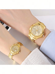 Shein - 2pcs Watches For Men And Women, Electronic Quartz Watch With Steel Strap, Gift For Couple
