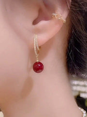 Shein - Design Red Faux Pearl Earrings 925 Silver Needle Inlaid With Rhinestones Exquisite Versatile Earrings High-End Elegant French Pendant Earrings