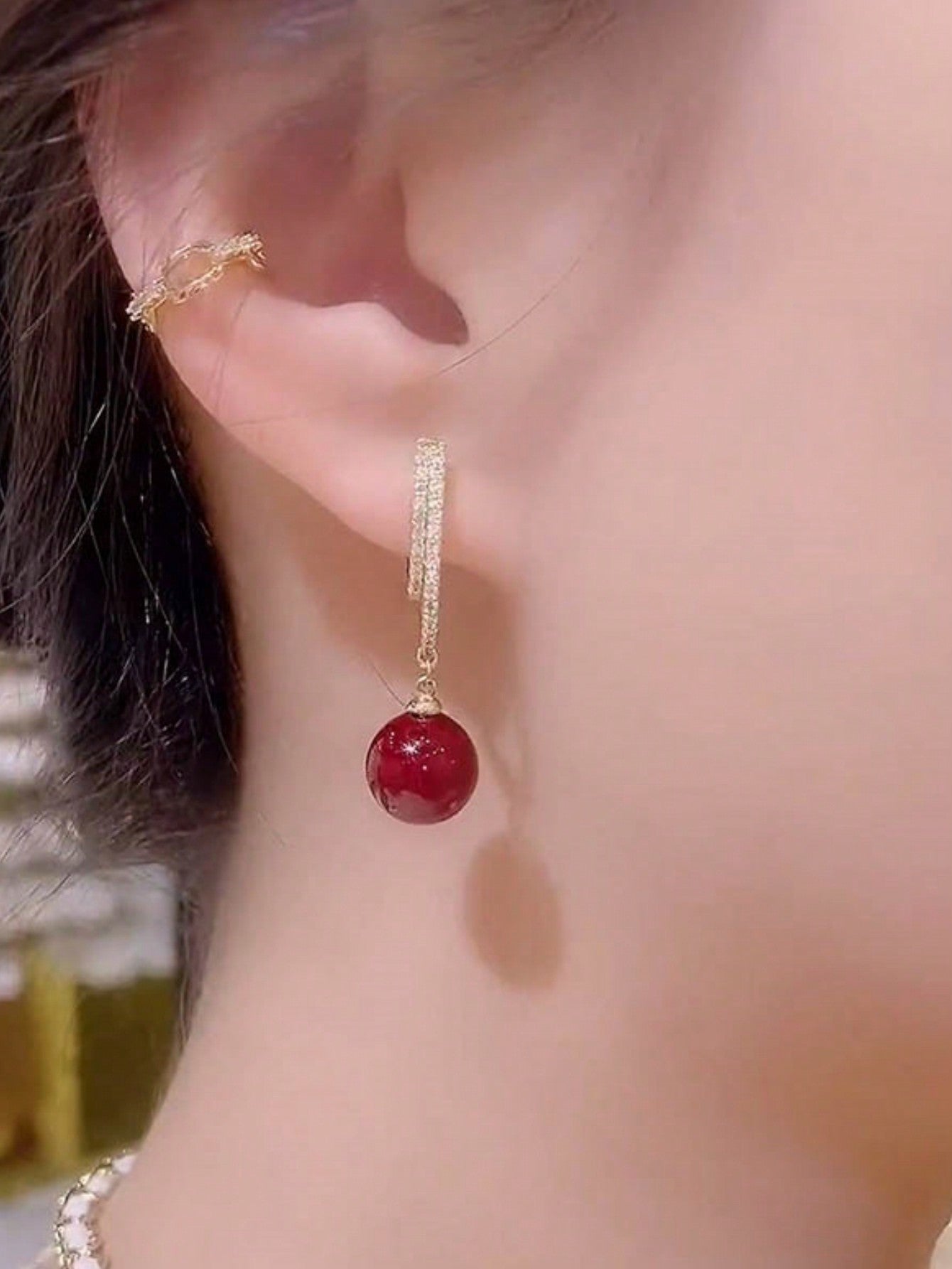 Shein - Design Red Faux Pearl Earrings 925 Silver Needle Inlaid With Rhinestones Exquisite Versatile Earrings High-End Elegant French Pendant Earrings