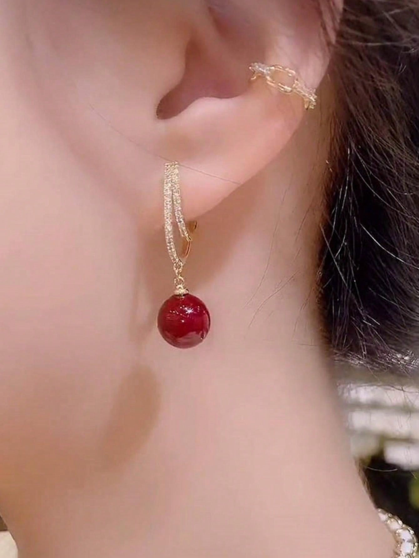 Shein - Design Red Faux Pearl Earrings 925 Silver Needle Inlaid With Rhinestones Exquisite Versatile Earrings High-End Elegant French Pendant Earrings