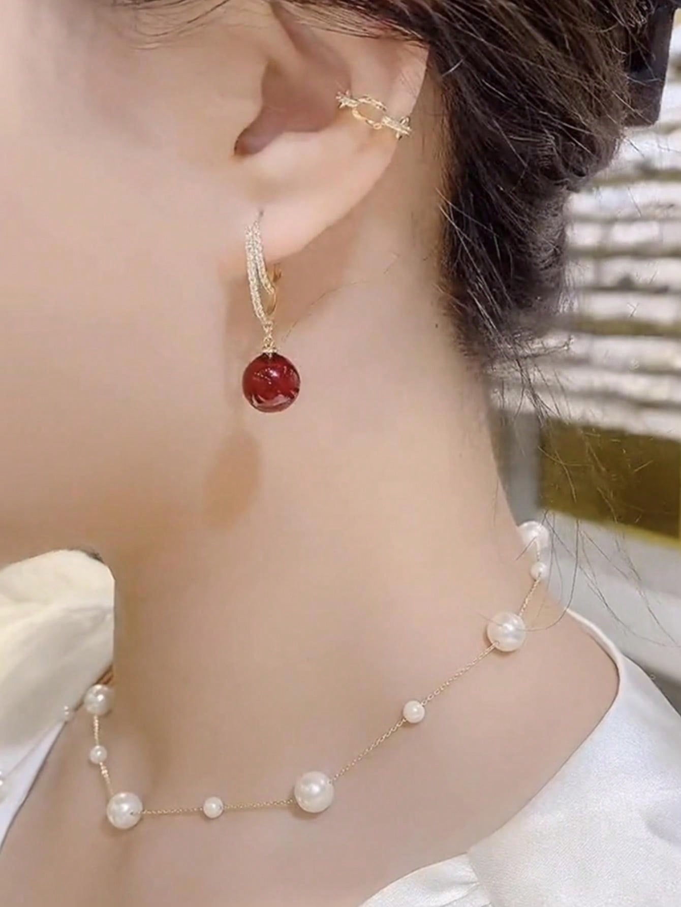 Shein - Design Red Faux Pearl Earrings 925 Silver Needle Inlaid With Rhinestones Exquisite Versatile Earrings High-End Elegant French Pendant Earrings