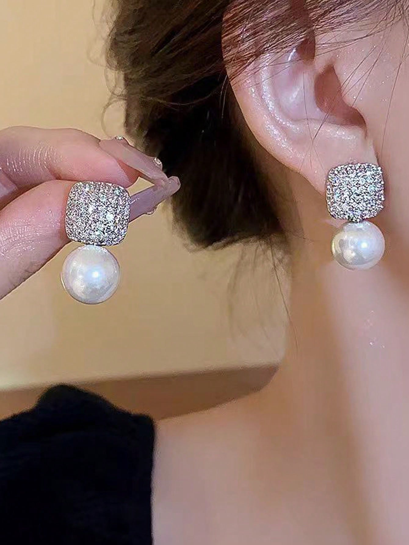 Shein - 1pair Exquisite Square Earrings With Imitation Pearl Pendant, Zinc Alloy Material Vintage & Elegant Style Women's Party Jewelry Accessory