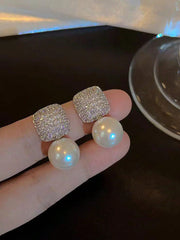 Shein - 1pair Exquisite Square Earrings With Imitation Pearl Pendant, Zinc Alloy Material Vintage & Elegant Style Women's Party Jewelry Accessory