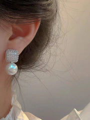 Shein - 1pair Exquisite Square Earrings With Imitation Pearl Pendant, Zinc Alloy Material Vintage & Elegant Style Women's Party Jewelry Accessory