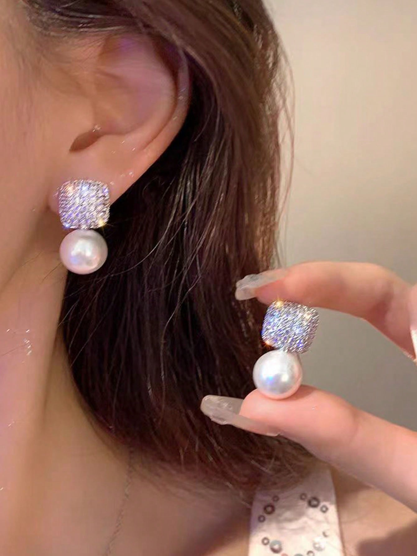 Shein - 1pair Exquisite Square Earrings With Imitation Pearl Pendant, Zinc Alloy Material Vintage & Elegant Style Women's Party Jewelry Accessory