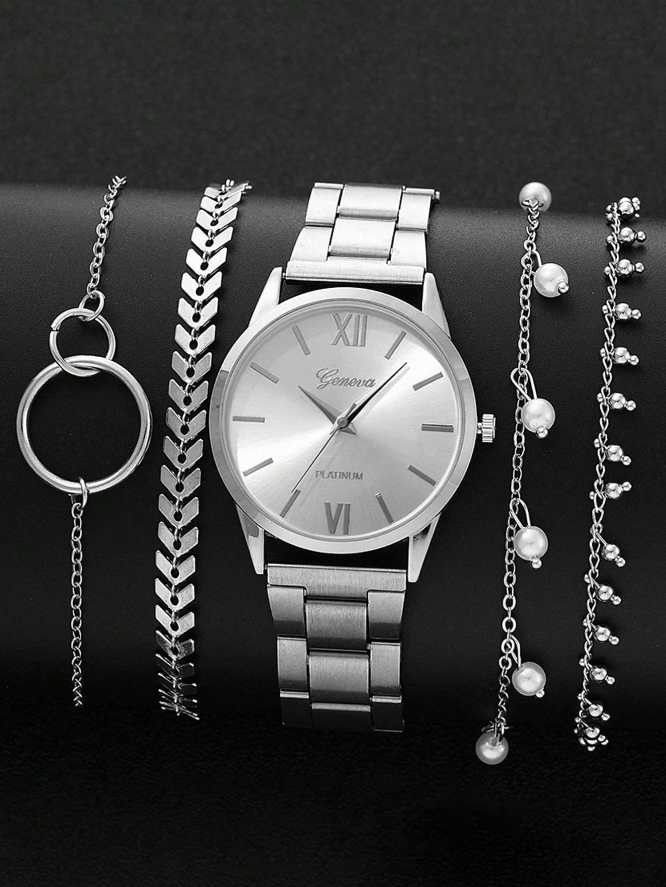 Shein - 1pc Rhinestone Decor Quartz Watch & 4pcs Bracelet