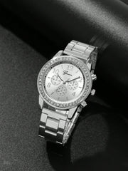 Shein - 1pc Rhinestone Decor Quartz Watch & 4pcs Bracelet