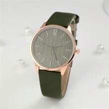 Shein - 1pc Elegant And Stylish Women's Round Wood-Grain Dial Quartz Wristwatch With Leather Strap