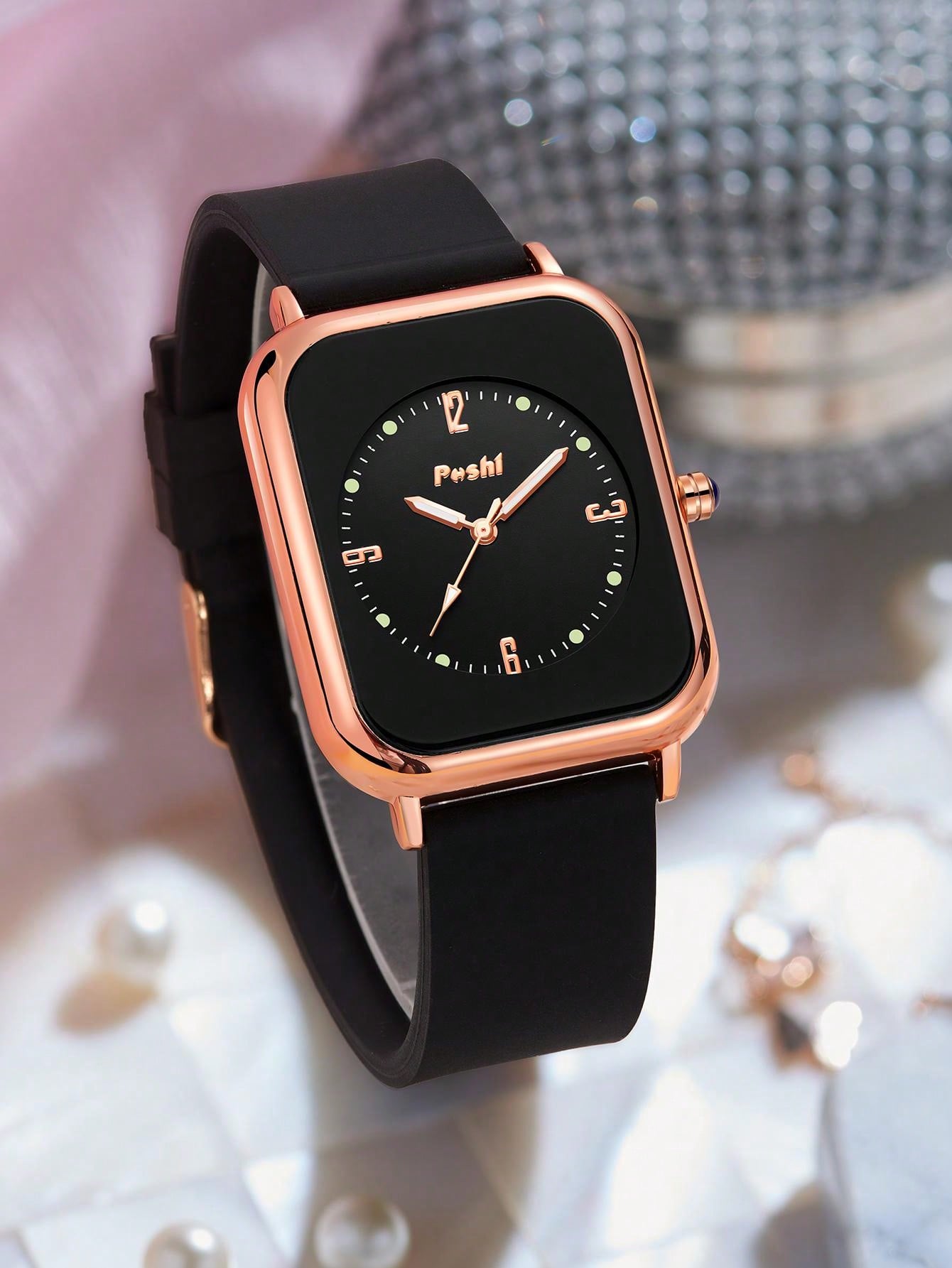 Shein - Silicone Strap Square Dial Quartz Watch