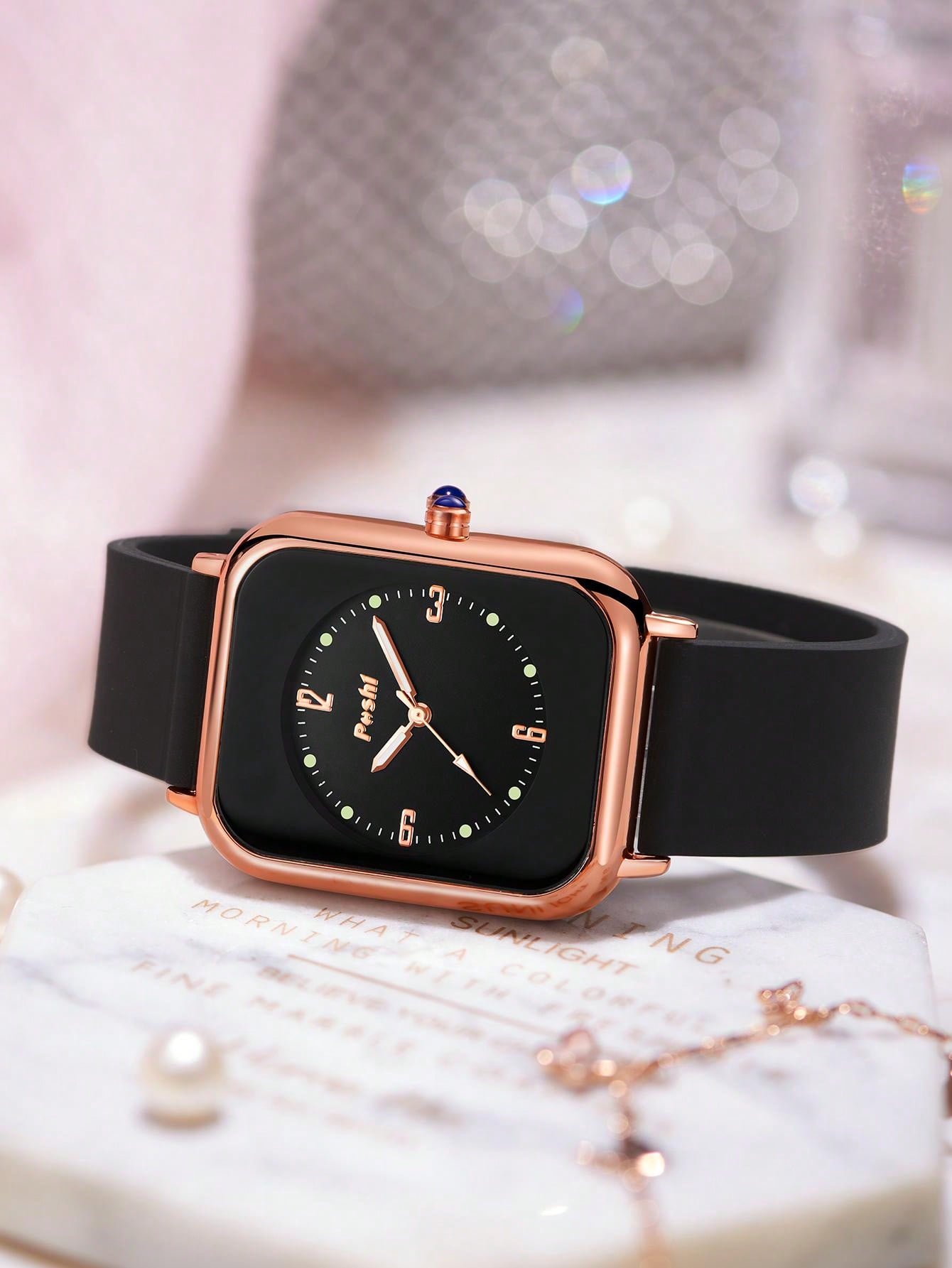Shein - Silicone Strap Square Dial Quartz Watch