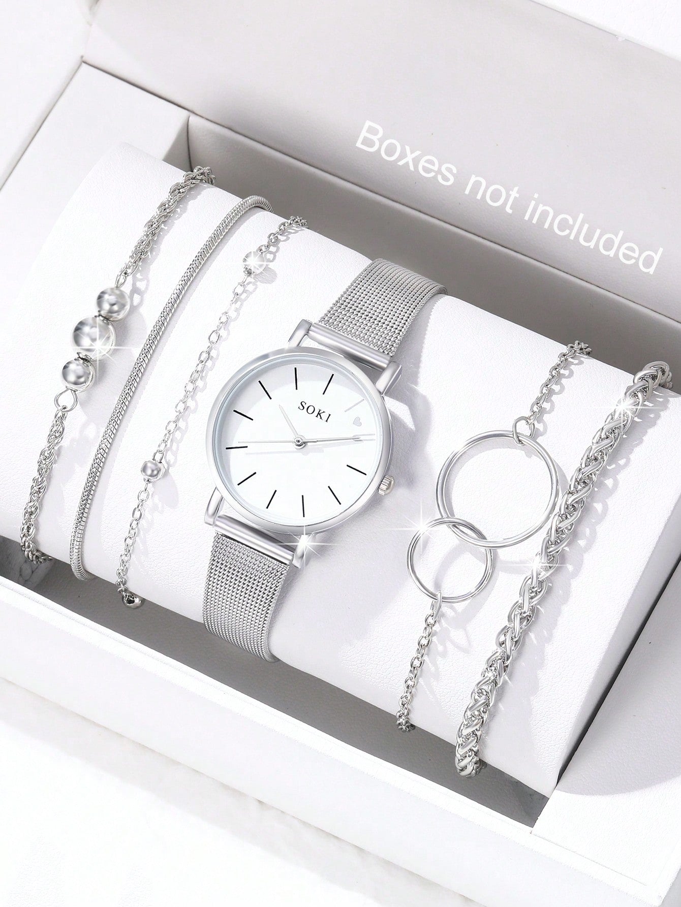 Shein - 1pc Women's Stainless Steel Mesh Strap Quartz Watch With Silver 'love' Dial And 5pcs/set Metal Chain Bracelets
