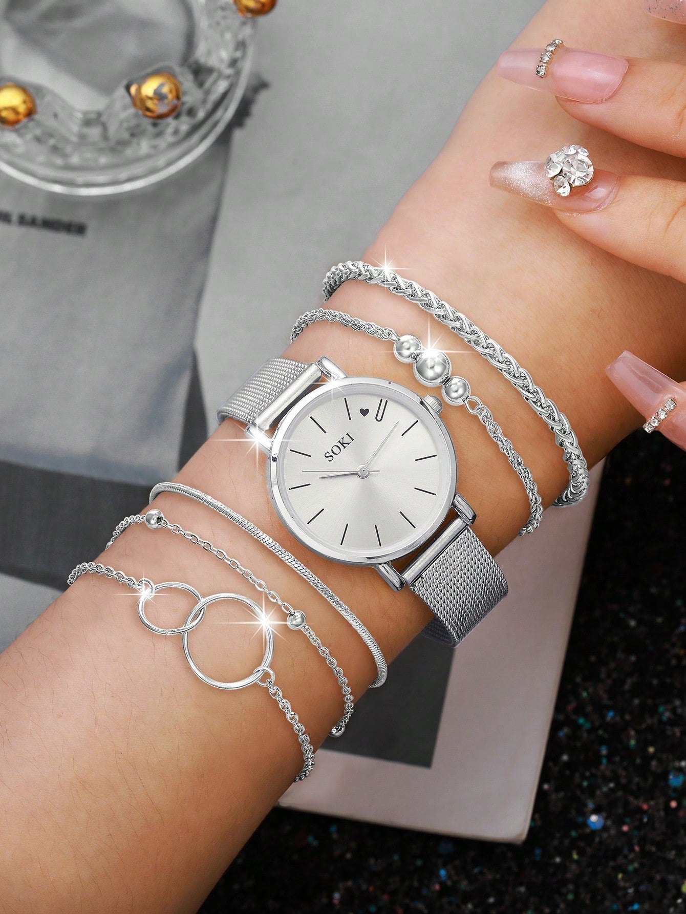 Shein - 1pc Women's Stainless Steel Mesh Strap Quartz Watch With Silver 'love' Dial And 5pcs/set Metal Chain Bracelets
