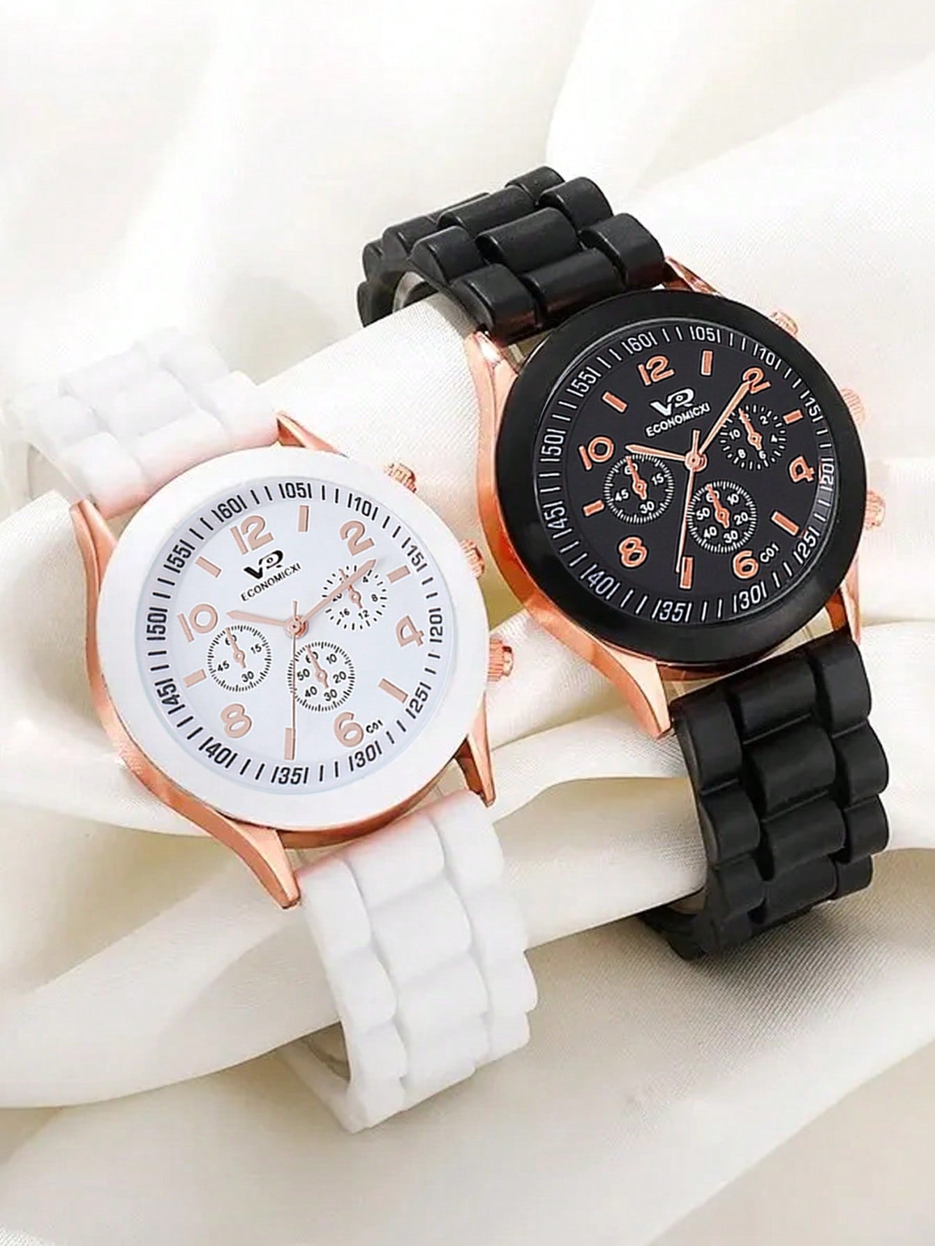 Shein - 2pcs/Set Couple Fashion Pointer Type Quartz Wristwatch With Silicone Strap