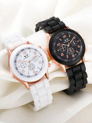 Shein - 2pcs/Set Couple Fashion Pointer Type Quartz Wristwatch With Silicone Strap