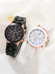 Shein - 2pcs/Set Couple Fashion Pointer Type Quartz Wristwatch With Silicone Strap