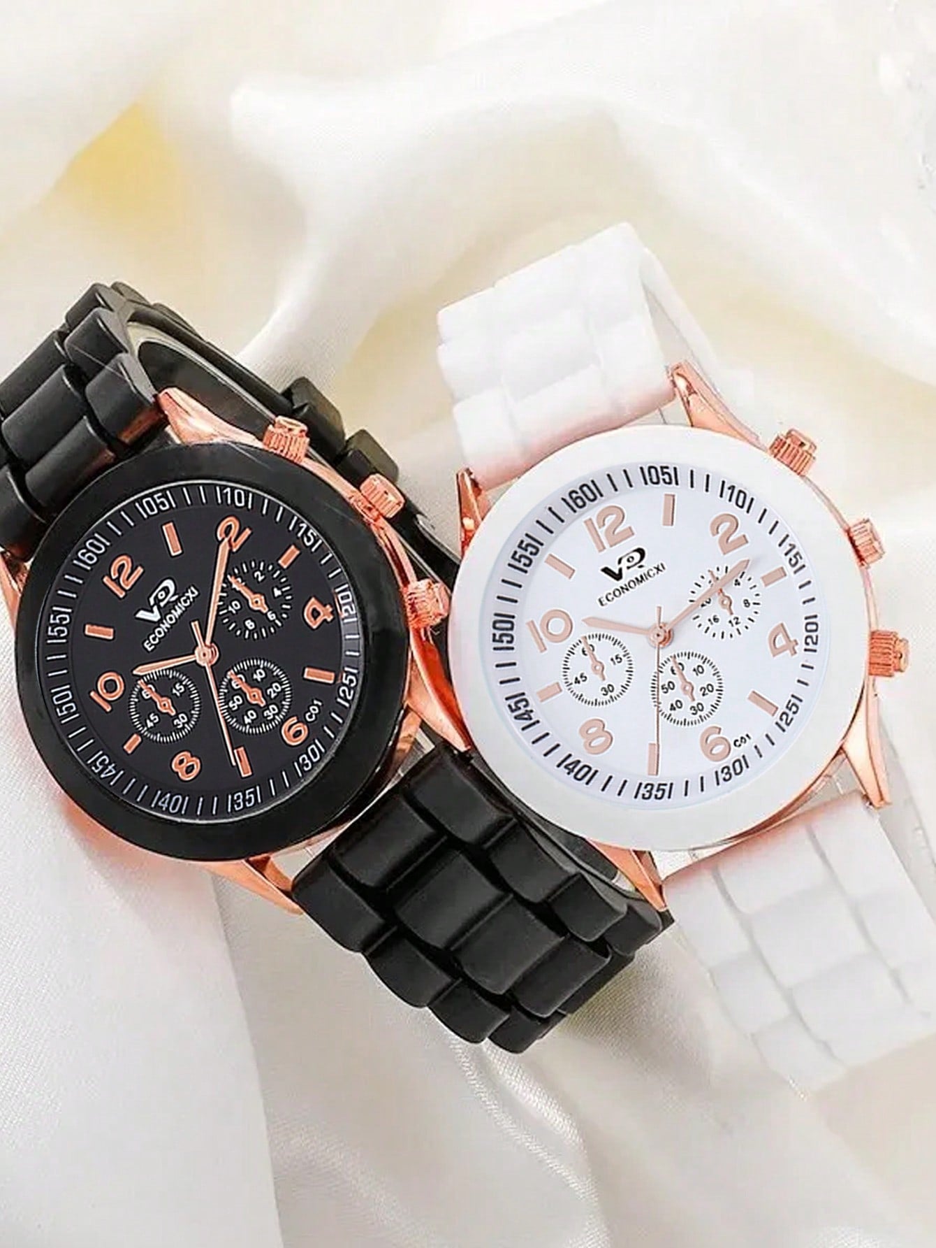 Shein - 2pcs/Set Couple Fashion Pointer Type Quartz Wristwatch With Silicone Strap