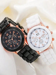 Shein - 2pcs/Set Couple Fashion Pointer Type Quartz Wristwatch With Silicone Strap