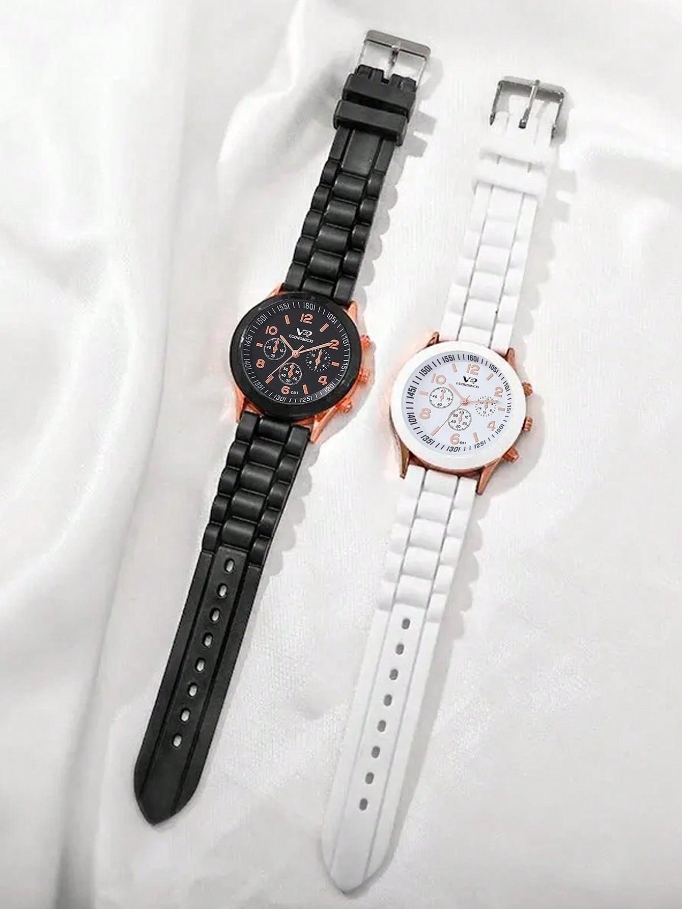 Shein - 2pcs/Set Couple Fashion Pointer Type Quartz Wristwatch With Silicone Strap