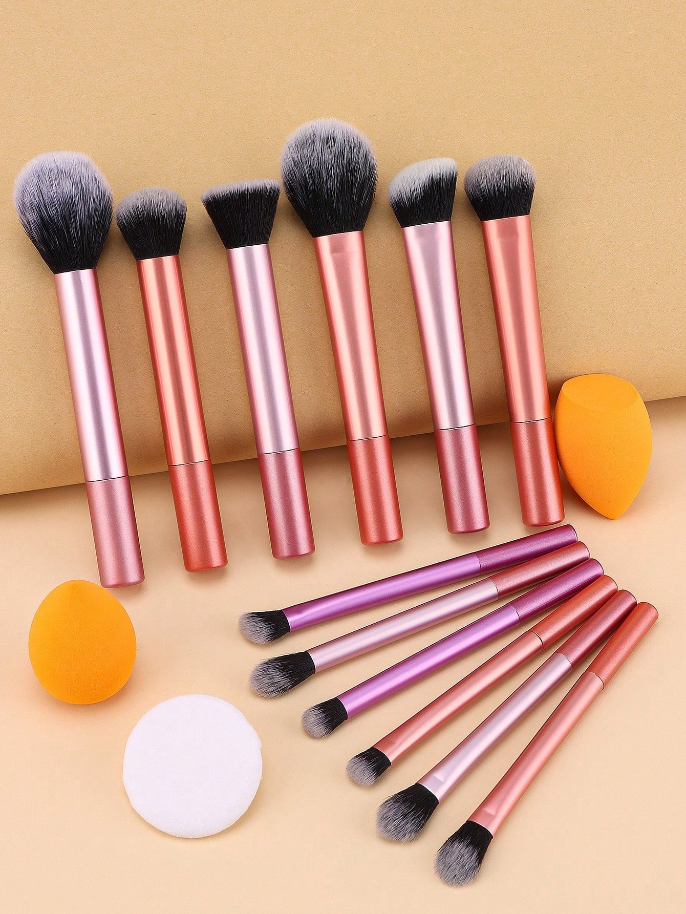 Shein - 12pcs Makeup Brush Set Including Powder Brush, Blush Brush, Concealer Brush, Eyeshadow Brush & 2 Orange Makeup Sponges & 1 White Powder Puff, Suitable For All Skin Types
