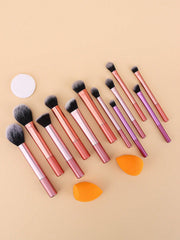 Shein - 12pcs Makeup Brush Set Including Powder Brush, Blush Brush, Concealer Brush, Eyeshadow Brush & 2 Orange Makeup Sponges & 1 White Powder Puff, Suitable For All Skin Types