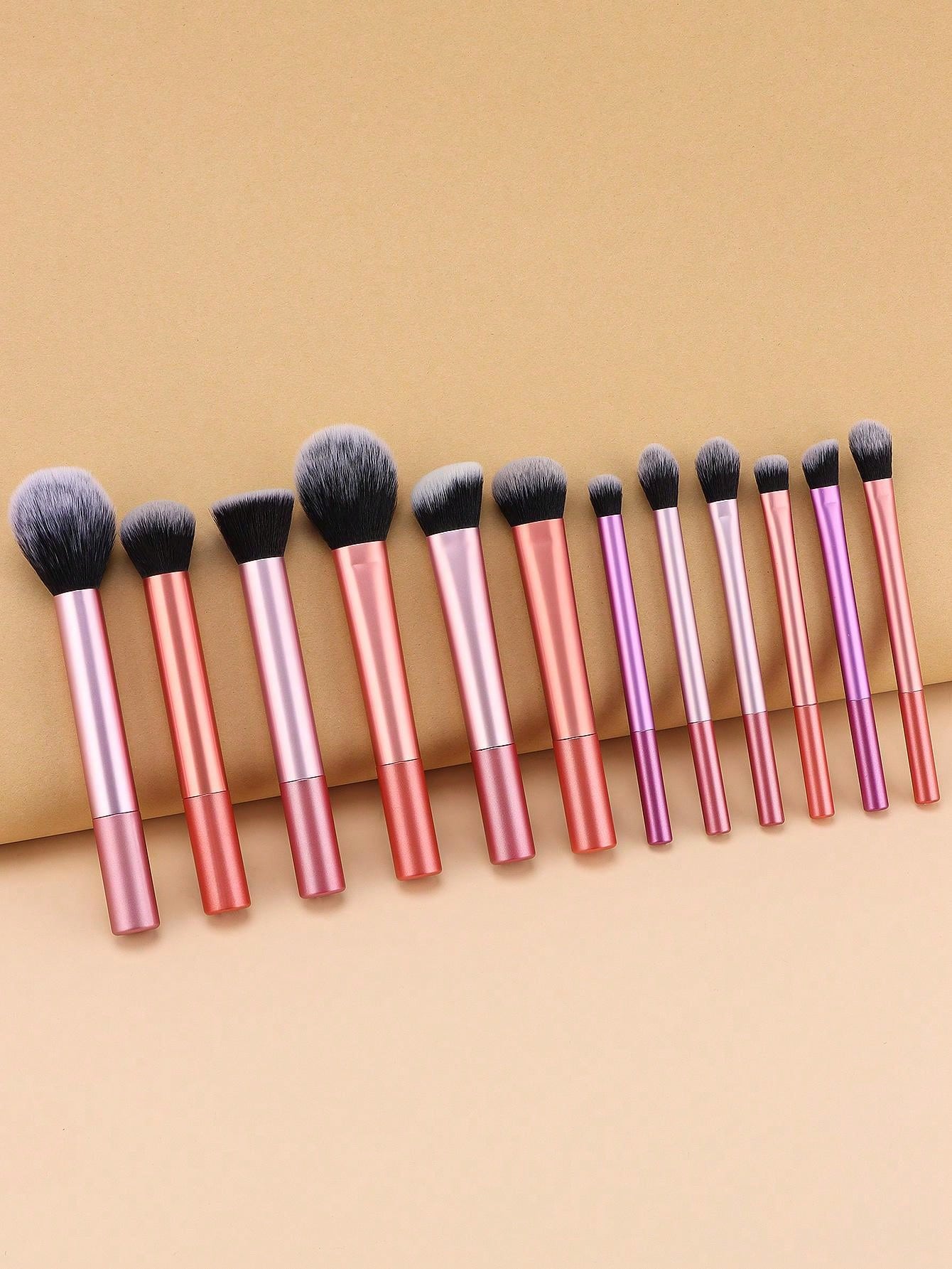 Shein - 12pcs Makeup Brush Set Including Powder Brush, Blush Brush, Concealer Brush, Eyeshadow Brush & 2 Orange Makeup Sponges & 1 White Powder Puff, Suitable For All Skin Types