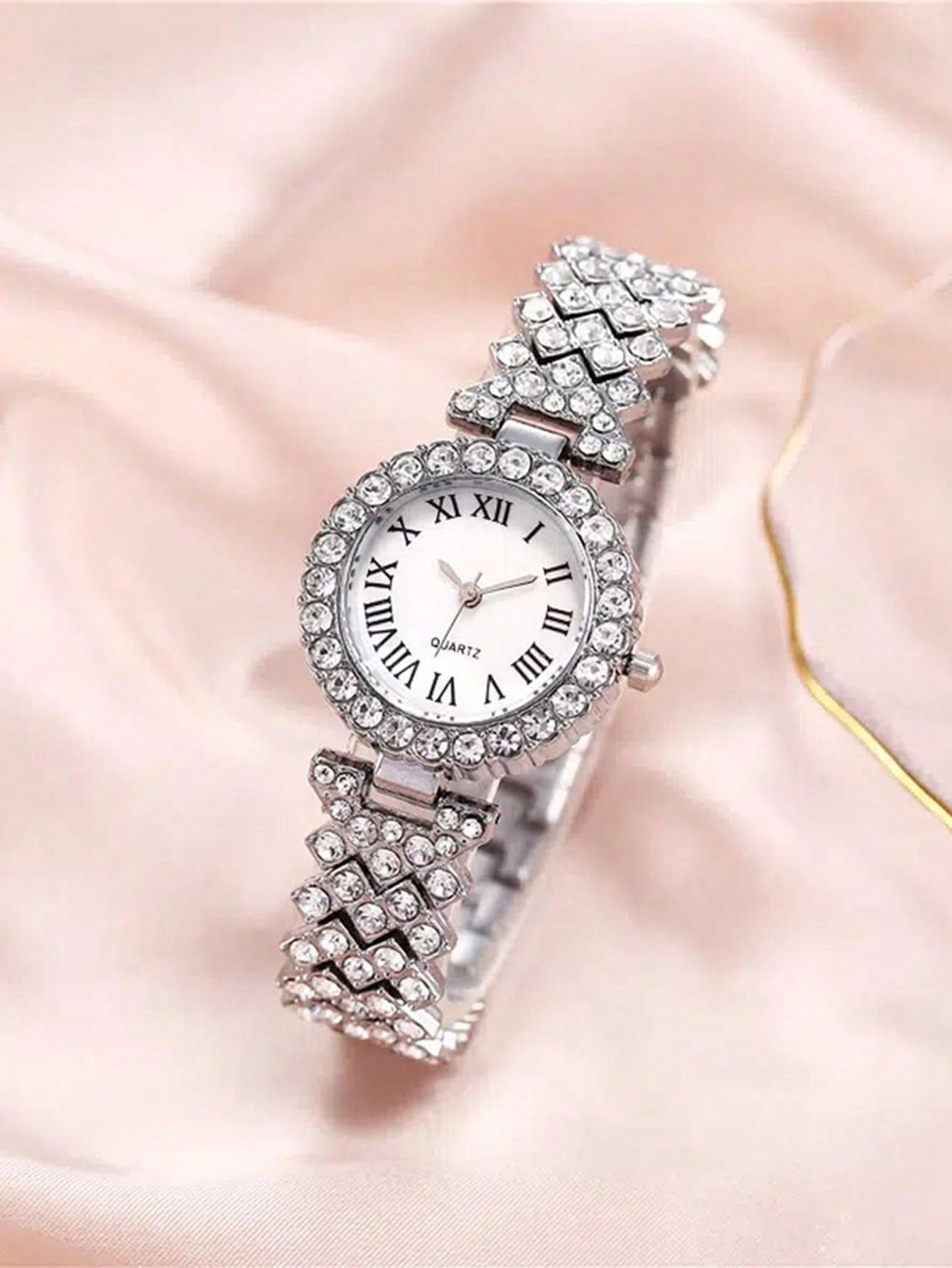 Shein - 2pcs Ladies Roman Numerals & Rhinestone Decor Quartz Watch And Heart Charm Bracelet Set