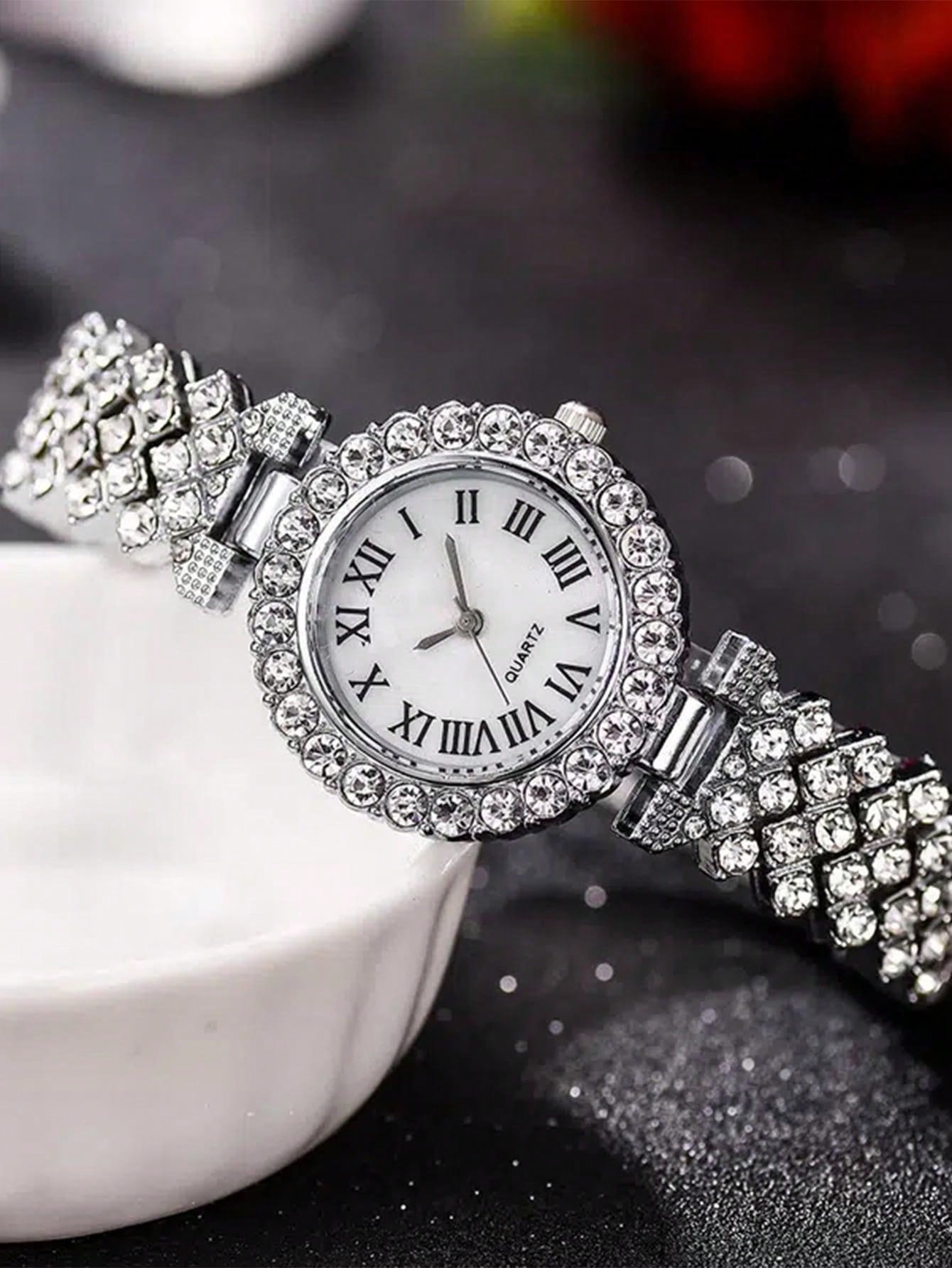 Shein - 2pcs Ladies Roman Numerals & Rhinestone Decor Quartz Watch And Heart Charm Bracelet Set