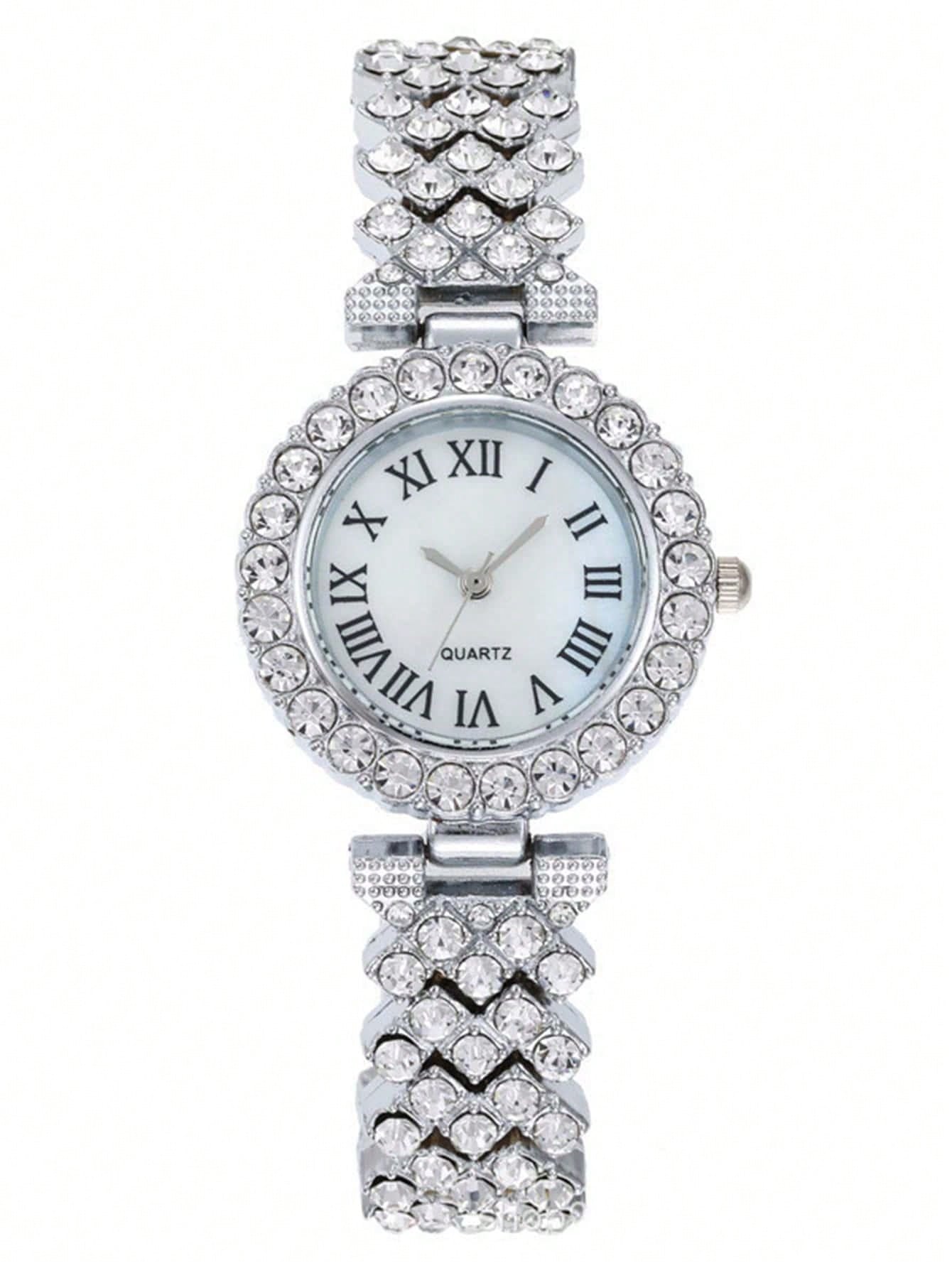 Shein - 2pcs Ladies Roman Numerals & Rhinestone Decor Quartz Watch And Heart Charm Bracelet Set