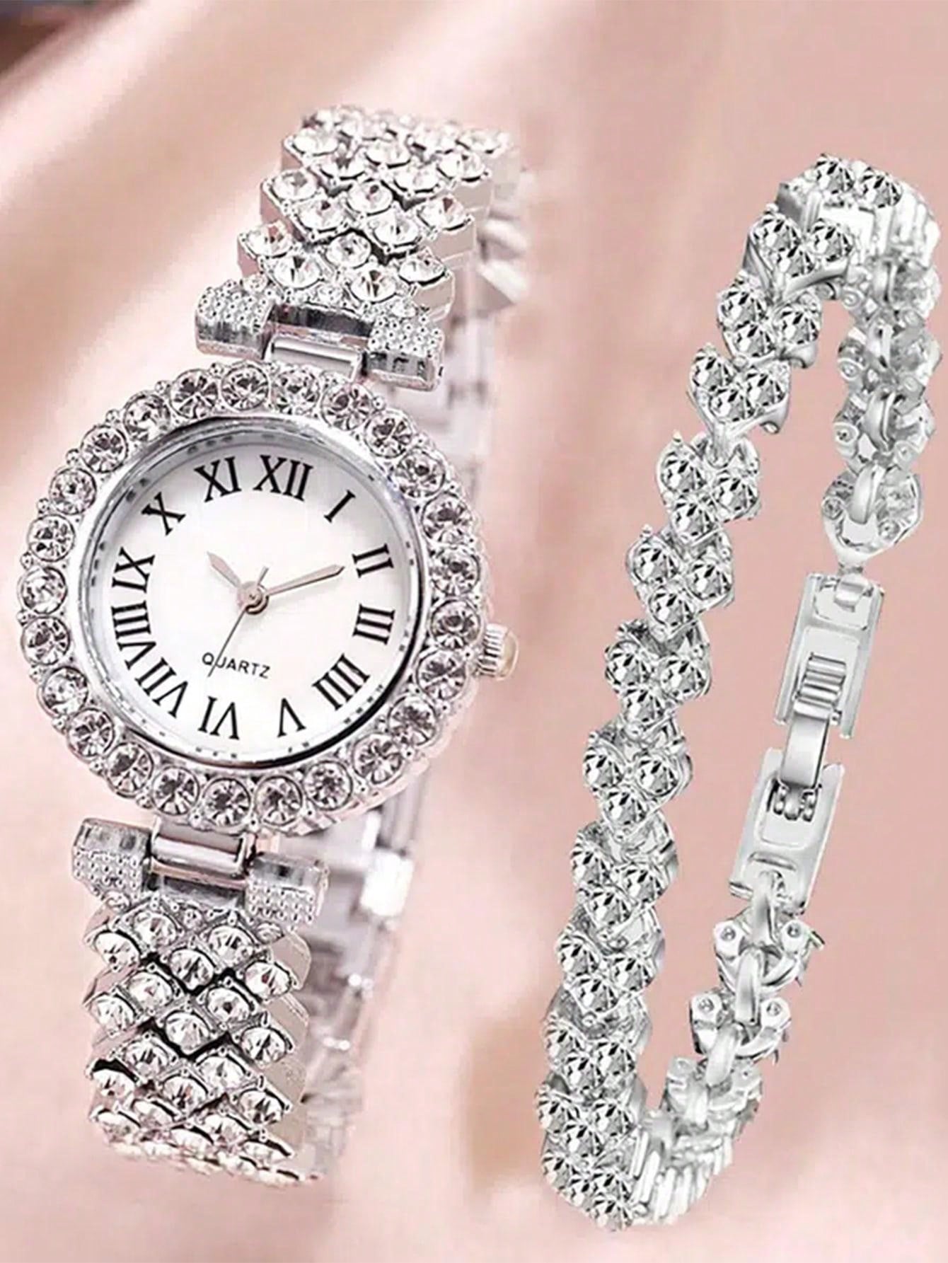 Shein - 2pcs Ladies Roman Numerals & Rhinestone Decor Quartz Watch And Heart Charm Bracelet Set