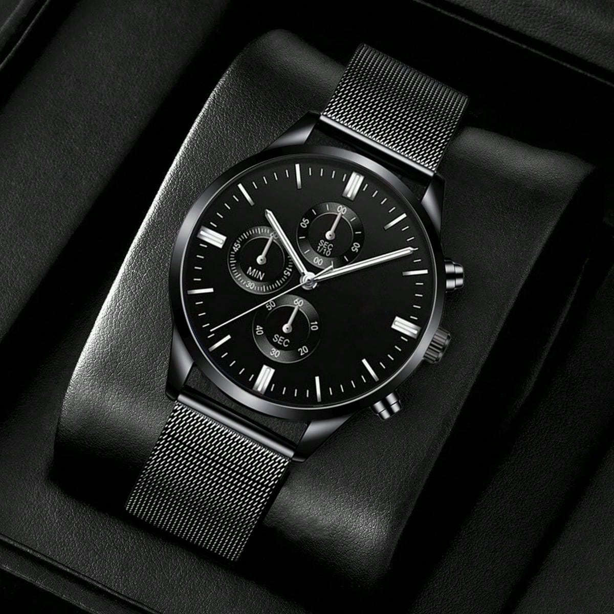 Shein - Black Stainless Steel Business Round Pointer Quartz Watch For Daily Life