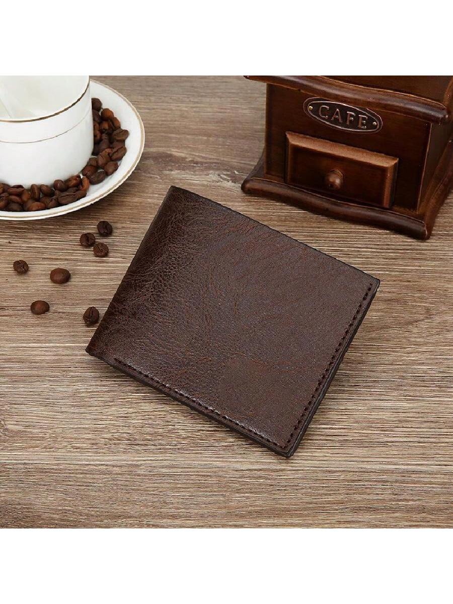 Shein - 2pcs/Set Men's Quartz Watch With Dual Dials And Pu Strap, Matched With Fashionable Bifold Wallet Without Box