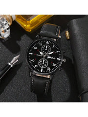 Shein - 2pcs/Set Men's Quartz Watch With Dual Dials And Pu Strap, Matched With Fashionable Bifold Wallet Without Box