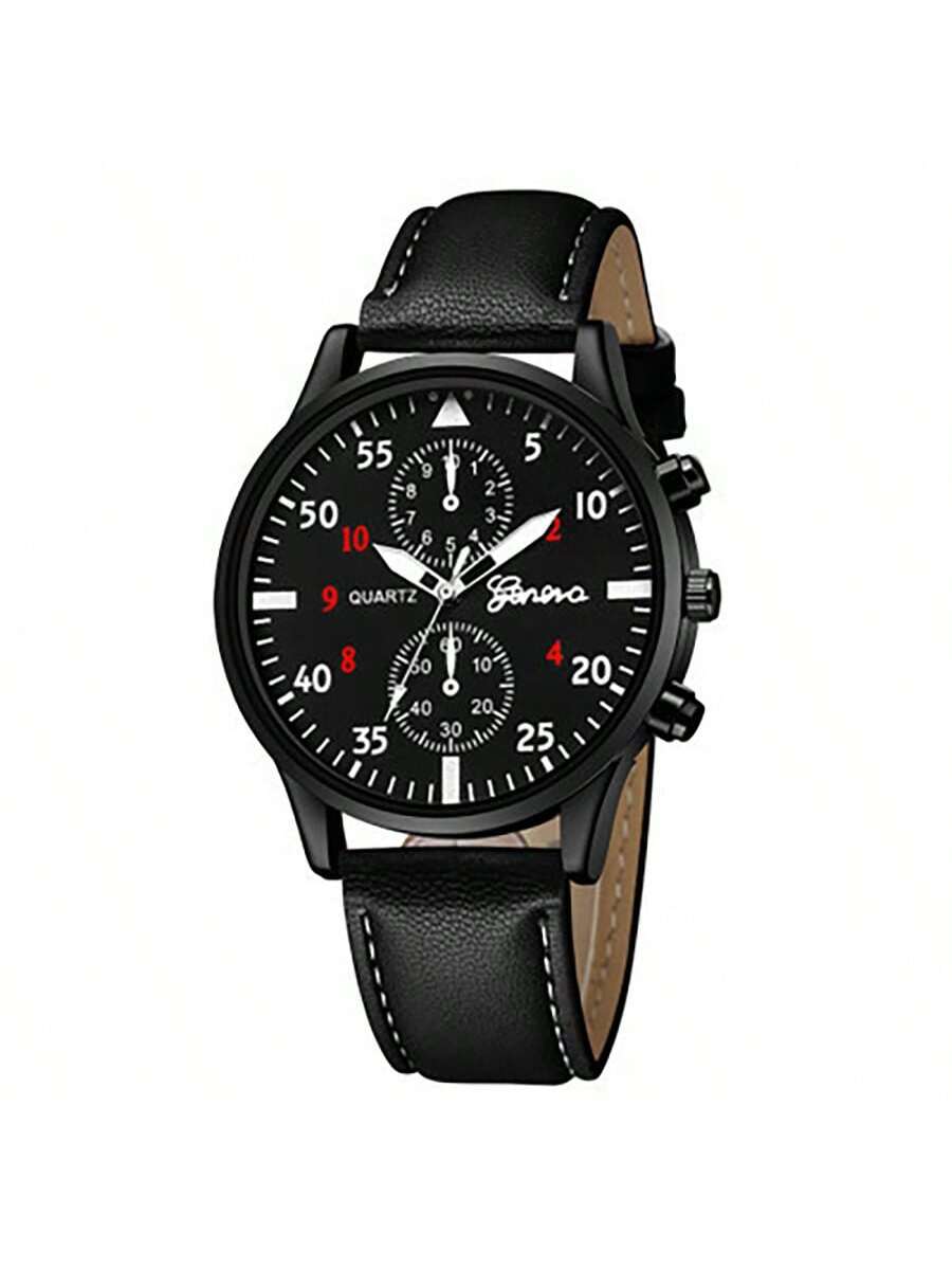 Shein - 2pcs/Set Men's Quartz Watch With Dual Dials And Pu Strap, Matched With Fashionable Bifold Wallet Without Box