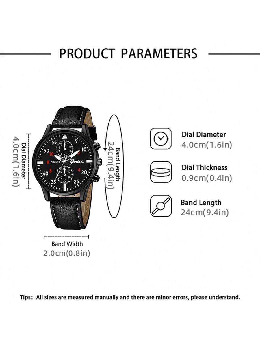 Shein - 2pcs/Set Men's Quartz Watch With Dual Dials And Pu Strap, Matched With Fashionable Bifold Wallet Without Box
