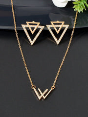 Shein - 3pcs Fashion Jewelry Set Rhinestone Decor Gold Chain Geometric Pendant Necklace Triangle Stud Earrings For Party