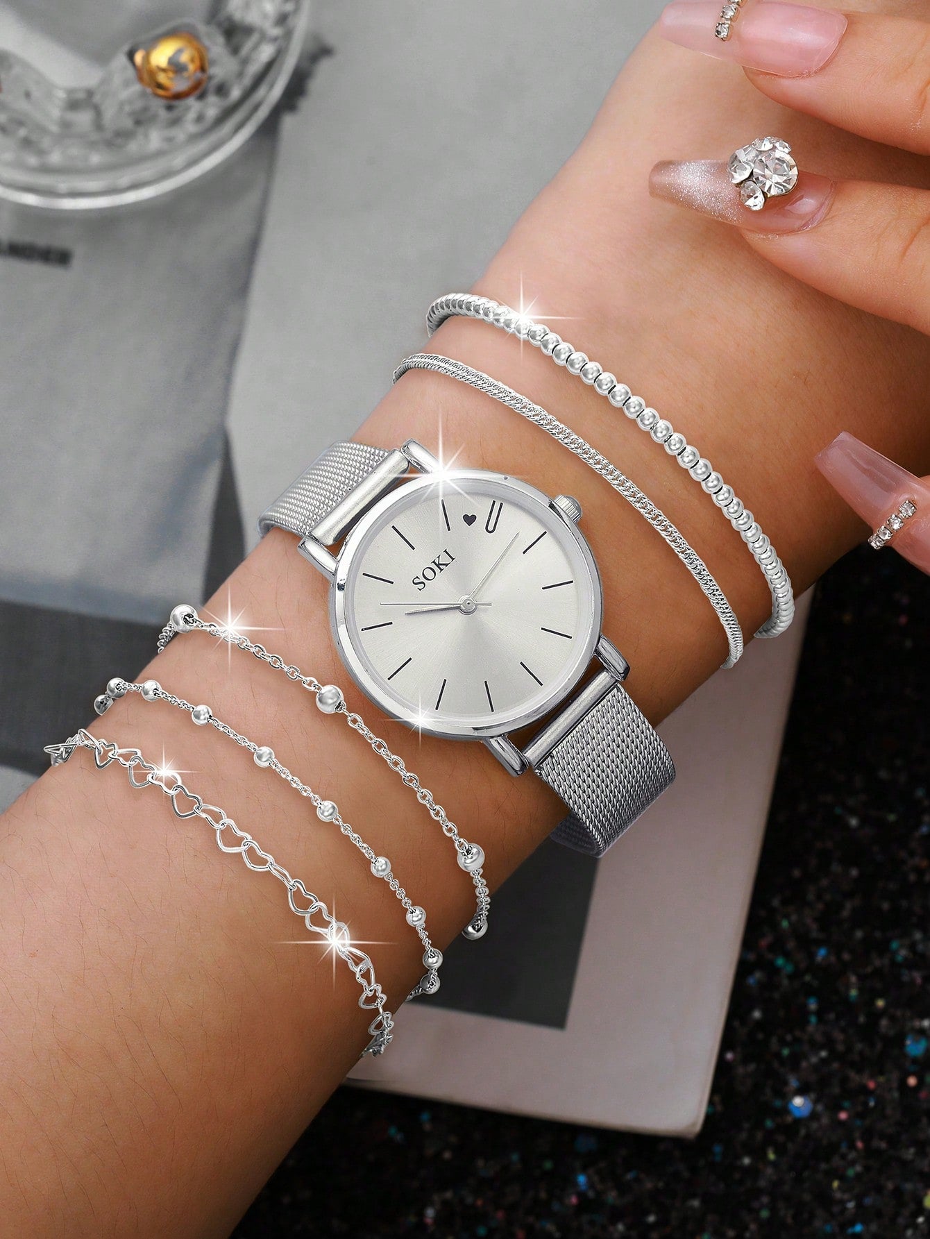 Shein - 1pc Women's Stainless Steel Mesh Strap Quartz Watch With Silver 'love' Dial And 5pcs/set Metal Chain Bracelets
