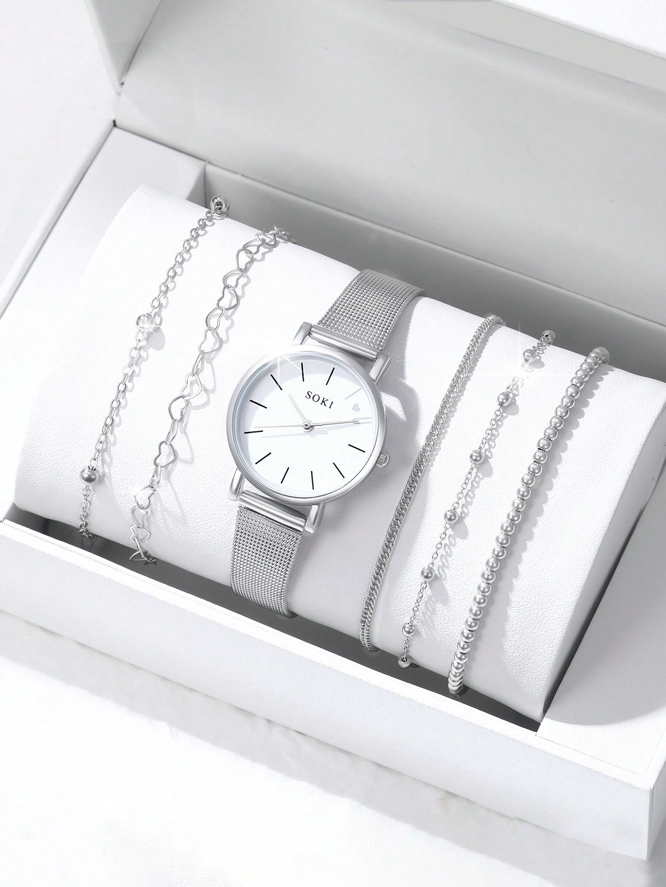 Shein - 1pc Women's Stainless Steel Mesh Strap Quartz Watch With Silver 'love' Dial And 5pcs/set Metal Chain Bracelets