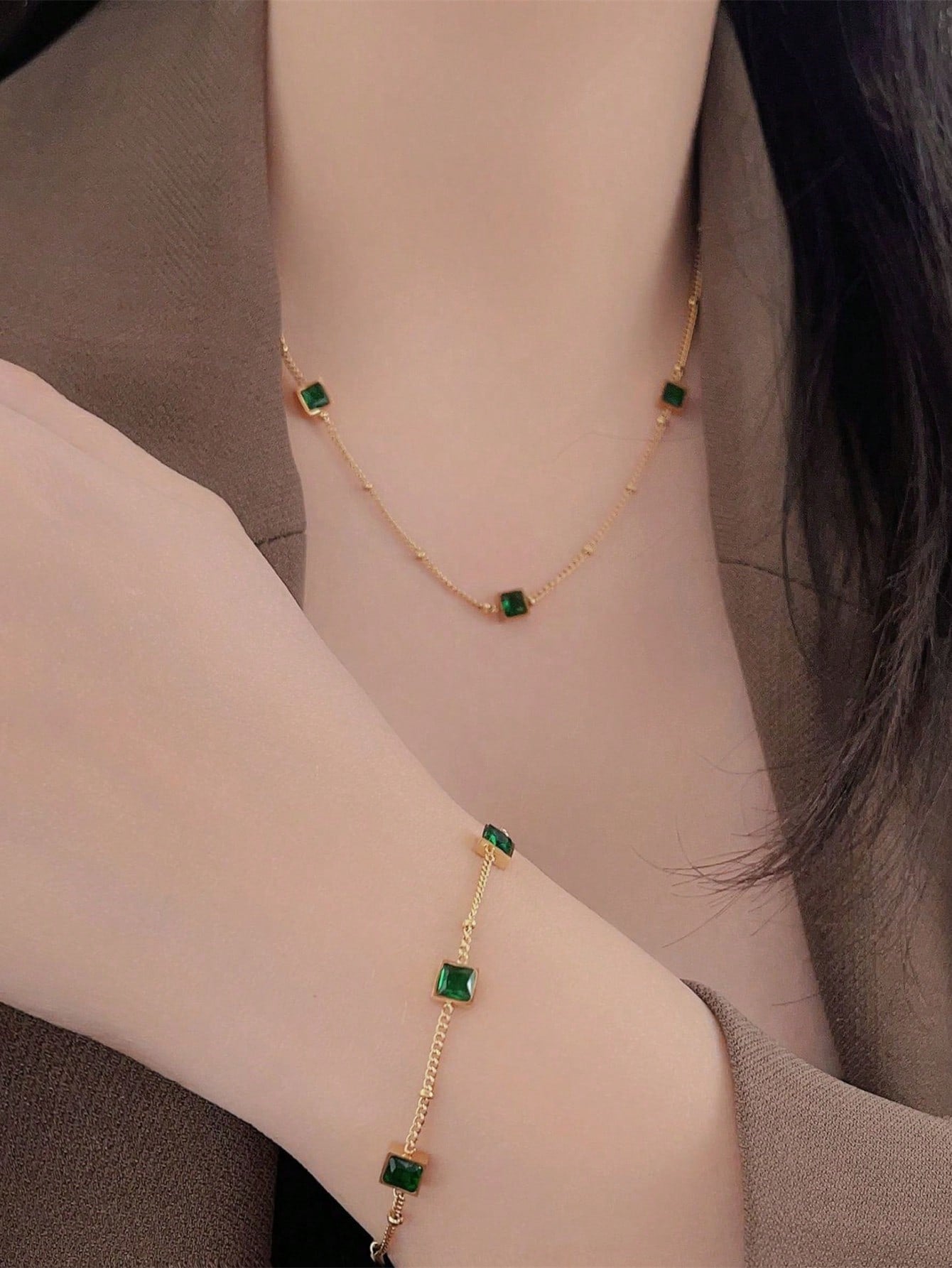 Shein - Stainless Steel Waterproof Gold & Green Cubic Zirconia Necklace, Bracelet, Earrings Set, Perfect For Women'S Daily Wear