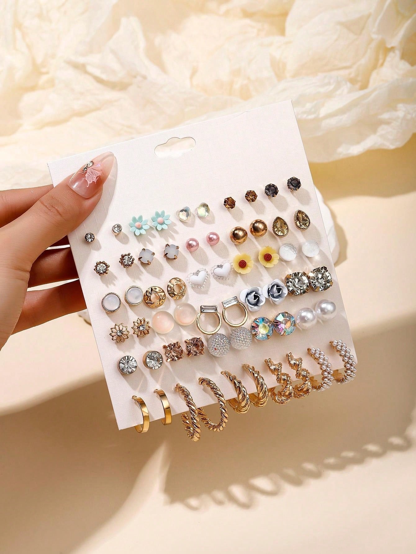 Shein - 30 Pairs/Set Fashionable Alloy Earrings With Rhinestone, Faux Pearl, Resin, Iron, Rose & C Shape Design, Perfect For Women's Daily Wear