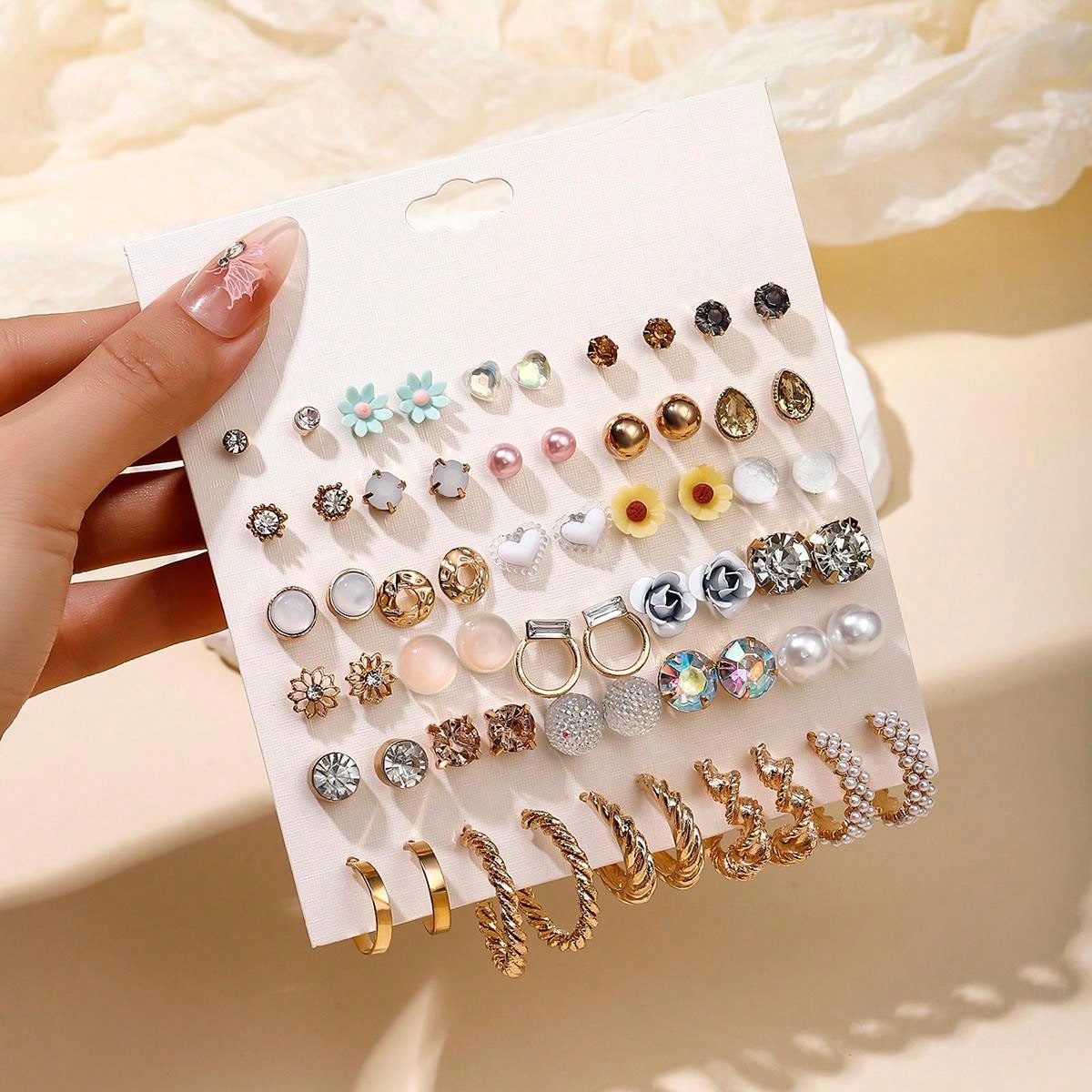 Shein - 30 Pairs/Set Fashionable Alloy Earrings With Rhinestone, Faux Pearl, Resin, Iron, Rose & C Shape Design, Perfect For Women's Daily Wear