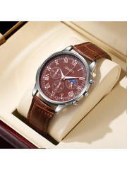 Shein - 2pcs/Set Men's Pu Strap Three Eye Roman Dial Casual Business Quartz Watch And Fashion Layered Wallet Without Box