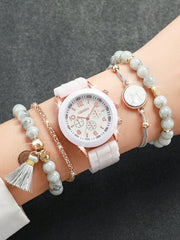 Shein - Women's Silicone Band Fashionable Minimalist Digital Dial Quartz Watch & Bracelet Set (5pcs/Set)