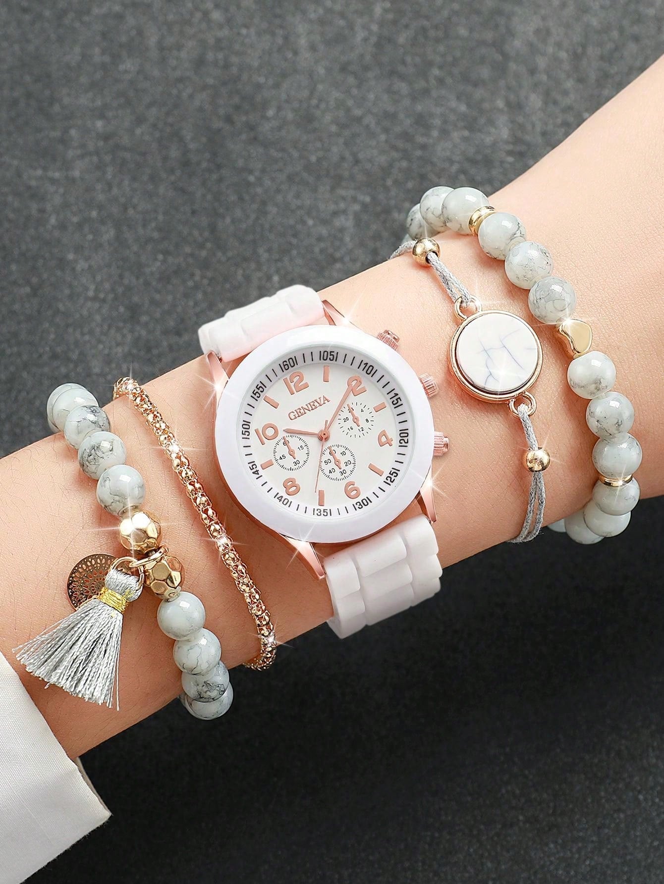 Shein - Women's Silicone Band Fashionable Minimalist Digital Dial Quartz Watch & Bracelet Set (5pcs/Set)