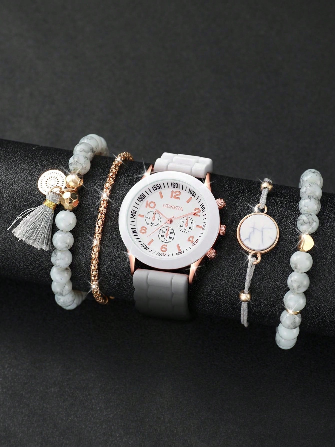 Shein - Women's Silicone Band Fashionable Minimalist Digital Dial Quartz Watch & Bracelet Set (5pcs/Set)