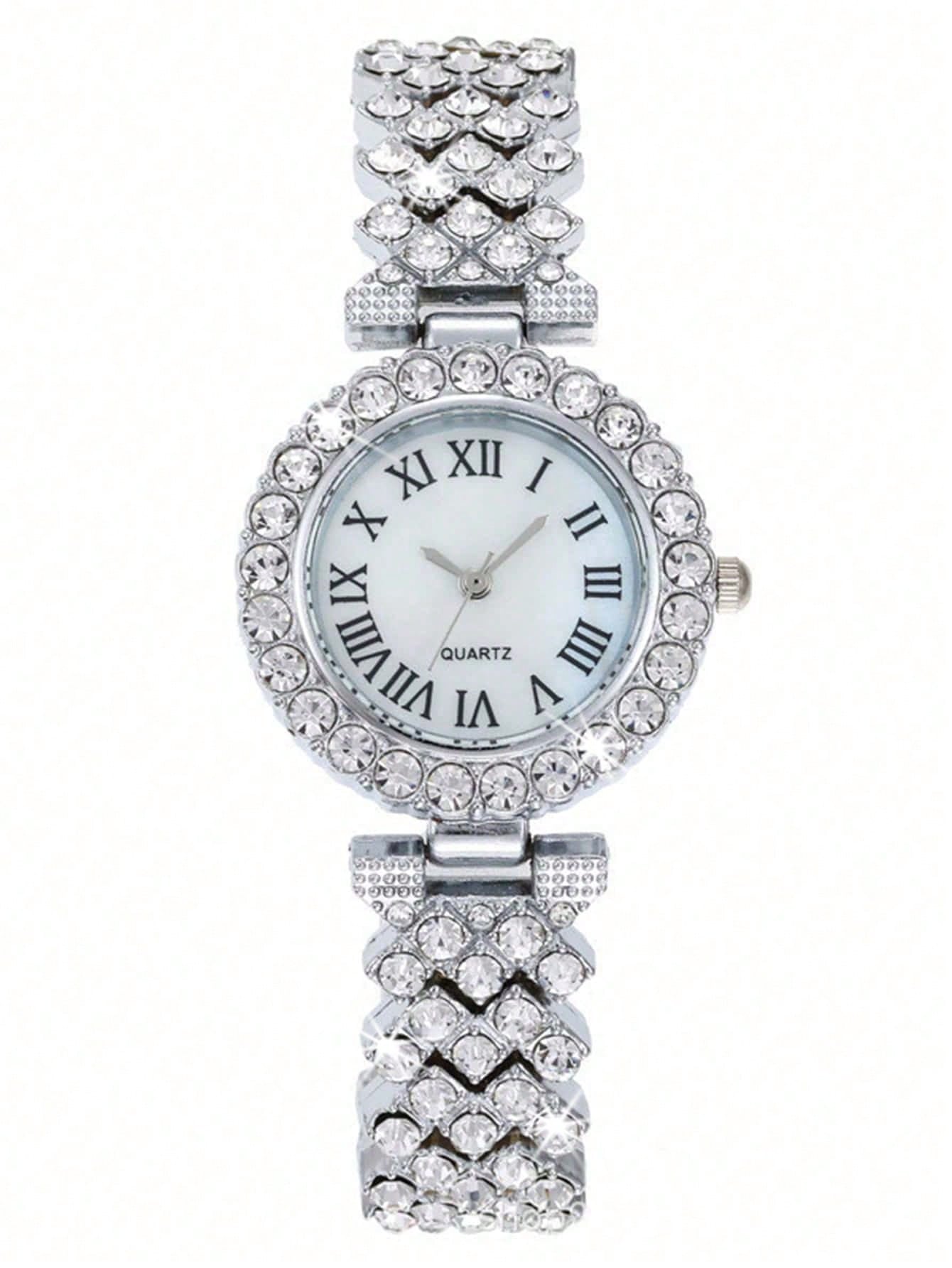 Shein - 2pcs Ladies Roman Numerals & Rhinestone Decor Quartz Watch And Heart Charm Bracelet Set