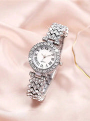 Shein - 2pcs Ladies Roman Numerals & Rhinestone Decor Quartz Watch And Heart Charm Bracelet Set