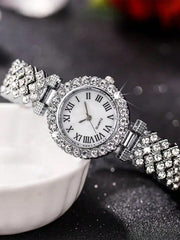 Shein - 2pcs Ladies Roman Numerals & Rhinestone Decor Quartz Watch And Heart Charm Bracelet Set