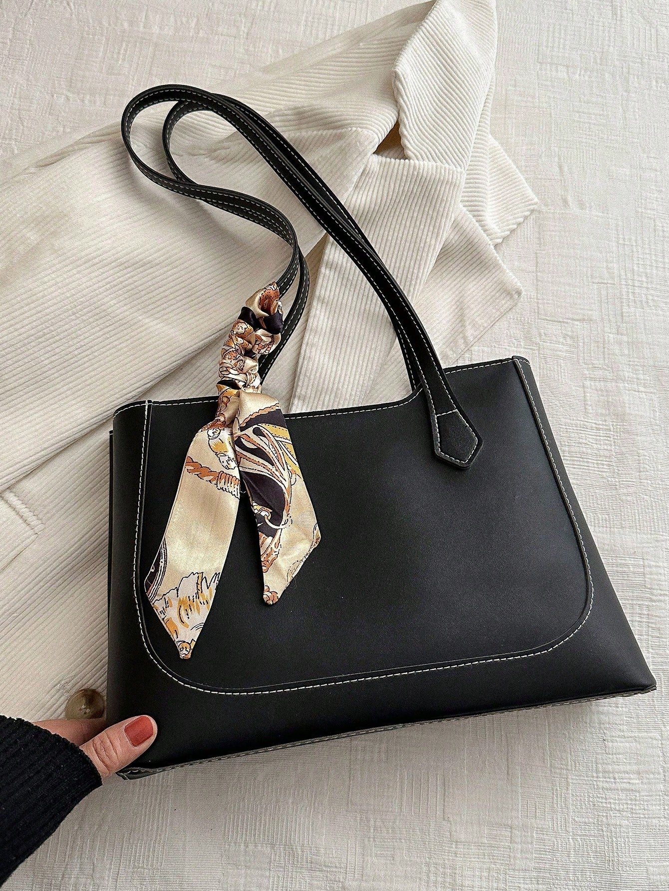 Shein - A Fashionable, Casual, And Minimalist Shopping Bag With A Fashionable Scarf And A Shoulder Tote Bag, Suitable For Shopping