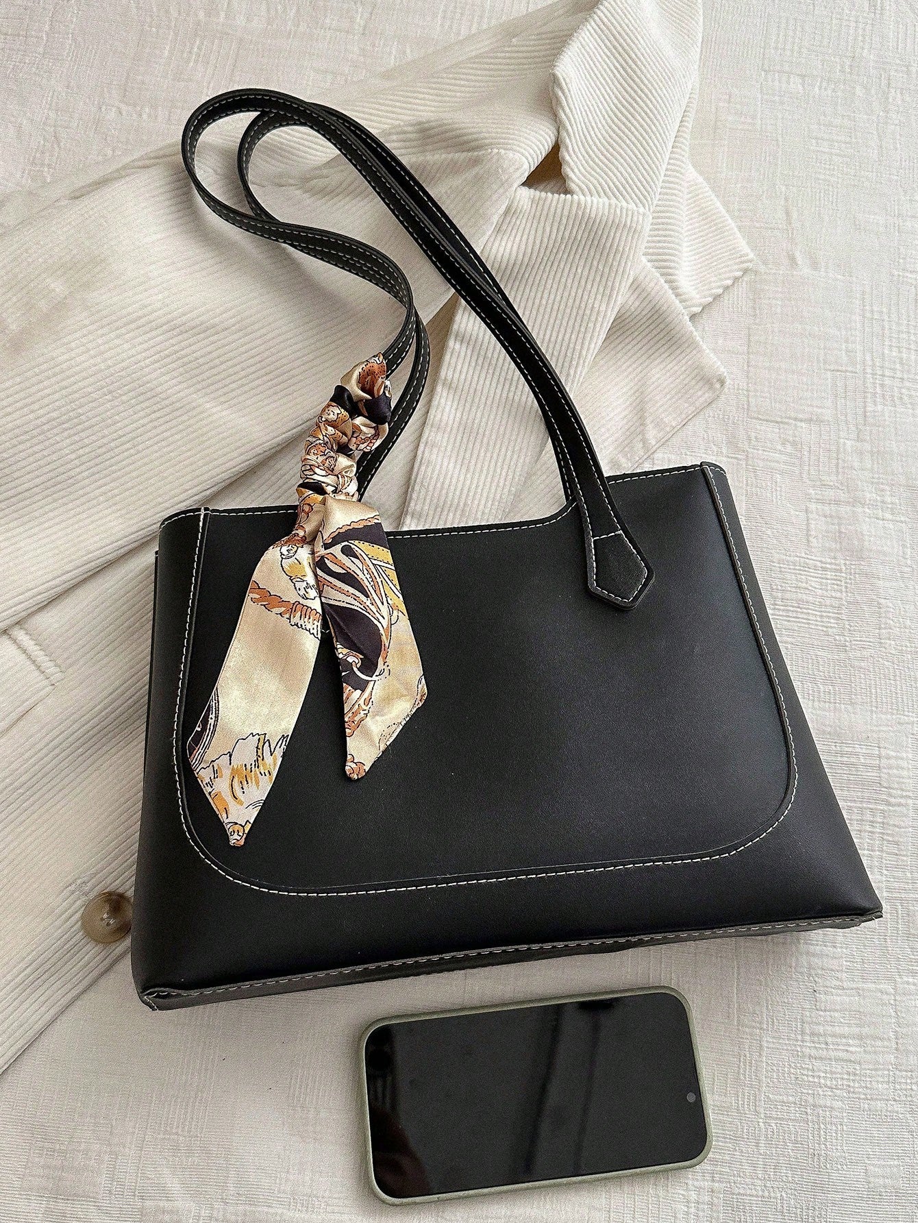 Shein - A Fashionable, Casual, And Minimalist Shopping Bag With A Fashionable Scarf And A Shoulder Tote Bag, Suitable For Shopping
