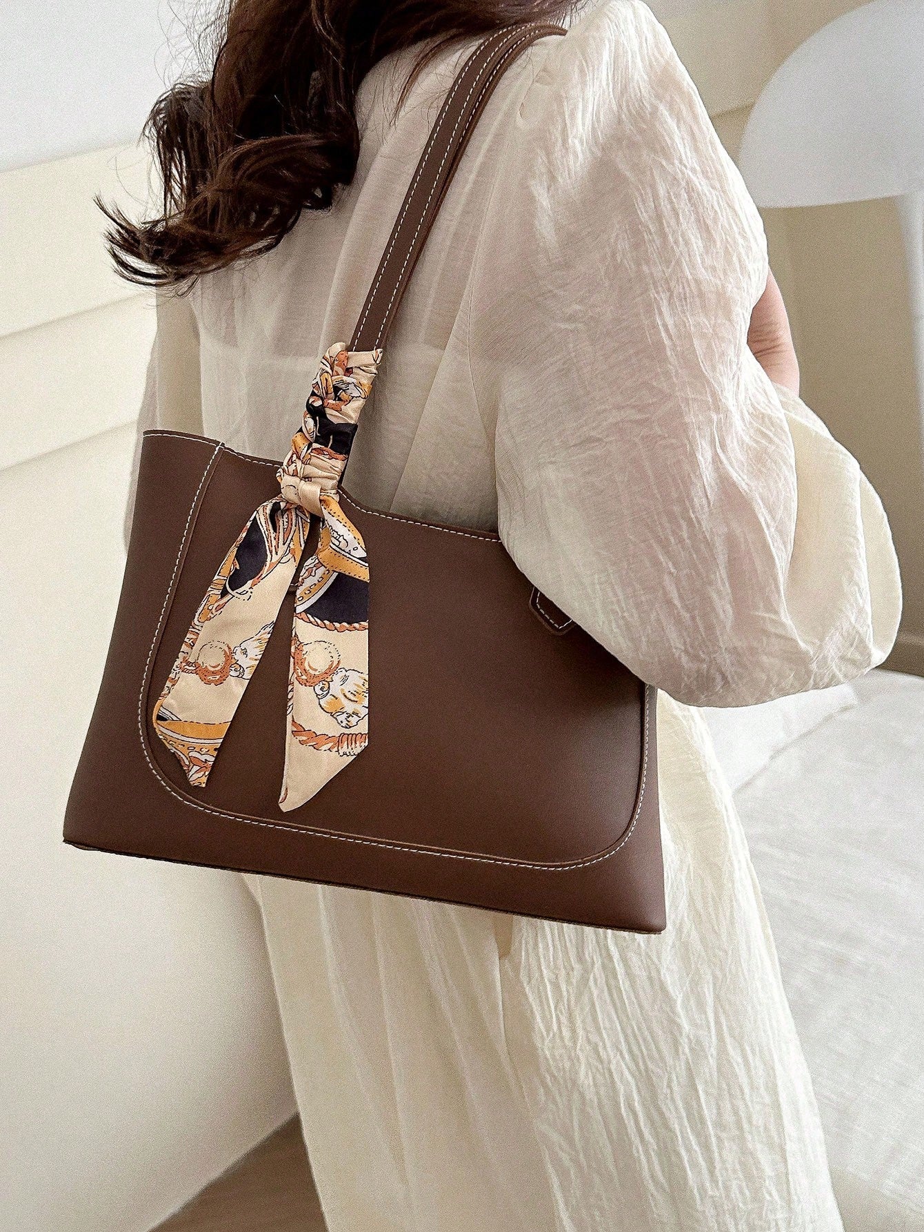 Shein - A Fashionable, Casual, And Minimalist Shopping Bag With A Fashionable Scarf And A Shoulder Tote Bag, Suitable For Shopping